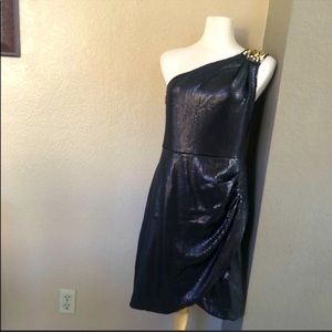 Black with gold one shoulder dress. Very pretty! No flaws. 12.